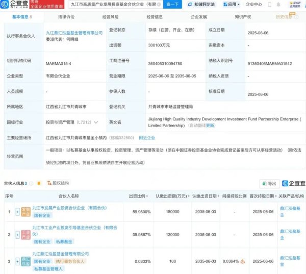 赢正通 九江市高质量产业发展投资基金登记成立